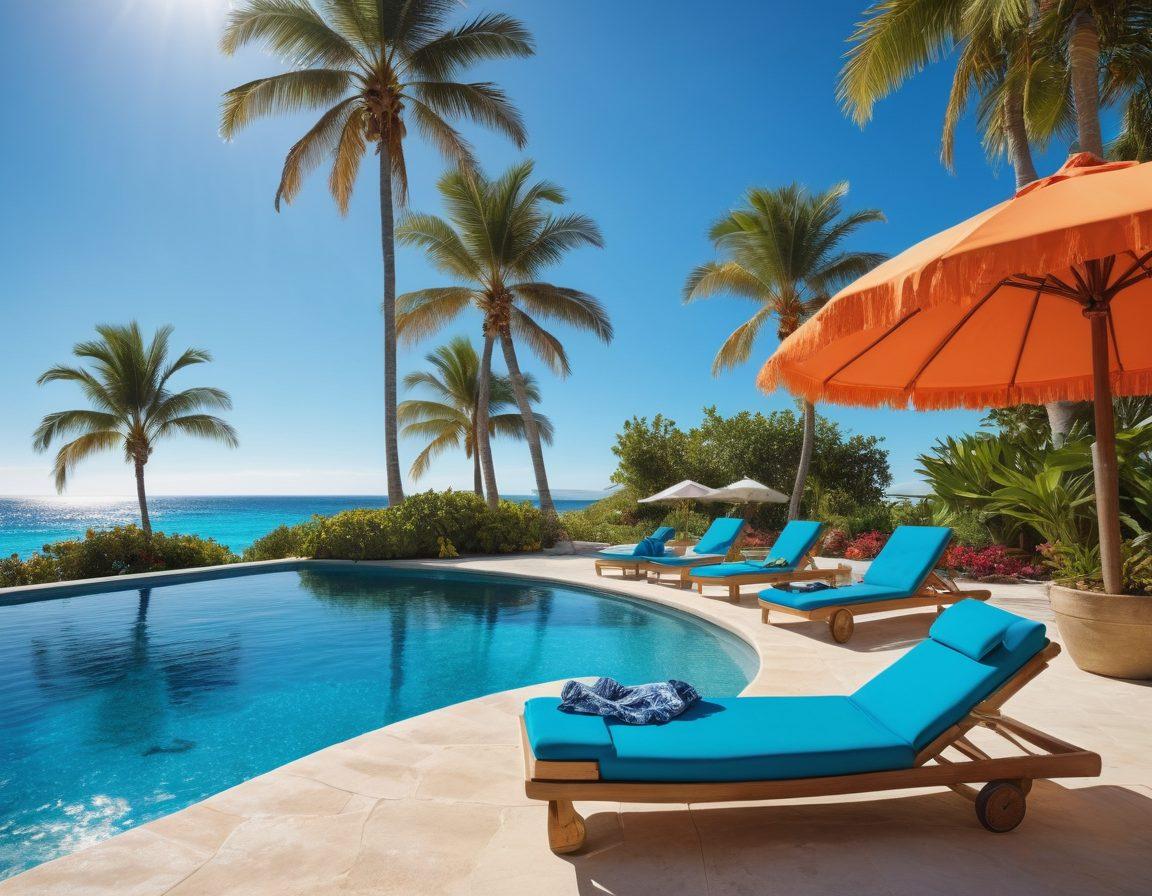 A vibrant scene showcasing a stylish beachwear display by a luxurious poolside, featuring colorful swimsuits, chic cover-ups, oversized sun hats, and trendy sandals. The background reveals a sparkling blue ocean and palm trees swaying in the breeze, evoking a feeling of summer bliss. Include sunlight reflections on the water and a few beachgoers enjoying the sun. super-realistic. vibrant colors. bright blue sky.