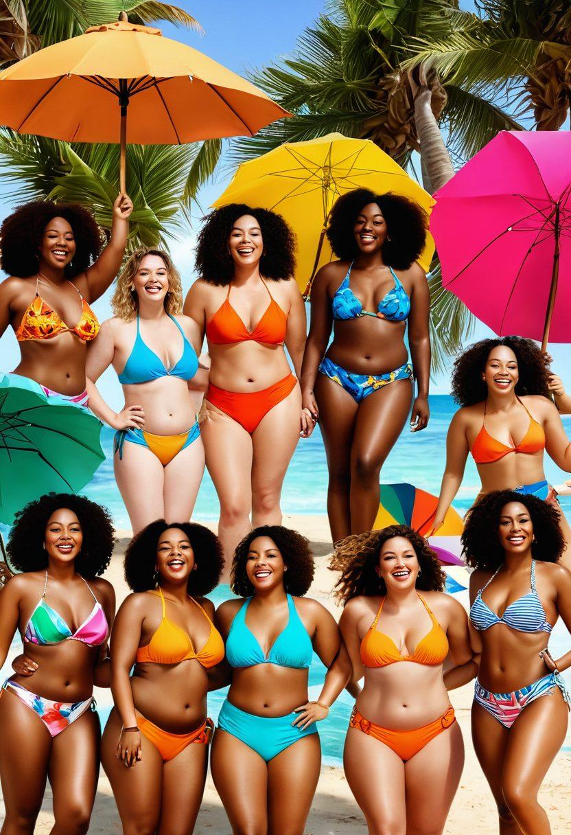 A joyful and diverse group of women of all body shapes and sizes enjoying a sunny beach day, each wearing bright and stylish bikinis. They are laughing and celebrating body positivity, surrounded by tropical palm trees and vibrant beach umbrellas. The scene conveys confidence and happiness, inviting viewers to embrace their bodies. colorful and bright. super-realistic.